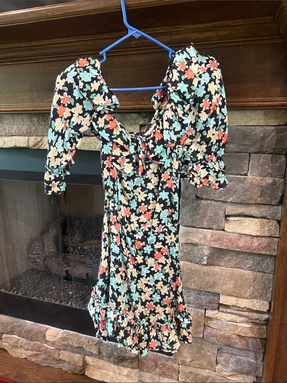 Saint Laurent Black Floral Tie-Front Midi Dress with Coral, Mint & Cream Flowers
